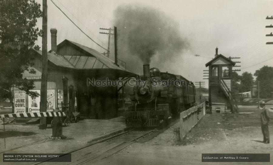 Postcard: Boston & Maine Railroad train steams through Waverley station